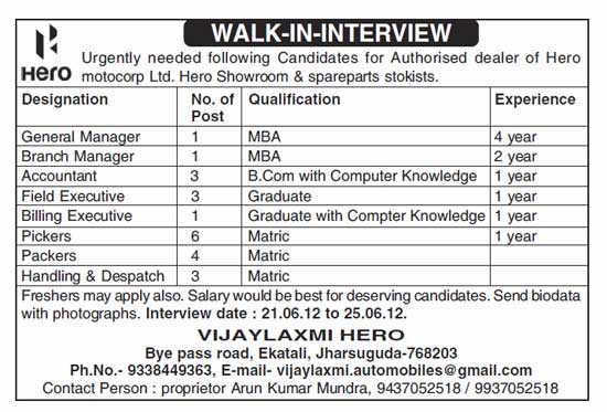 WALK IN INTERVIEW in jharsuguda